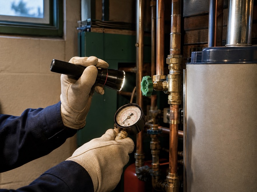 Plumber inspecting a residential water heater connection